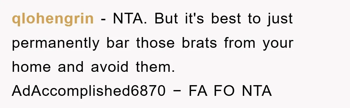 qlohengrin − NTA. But it's best to just permanently bar those brats from your home and avoid them. AdAccomplished6870 − FA FO NTA