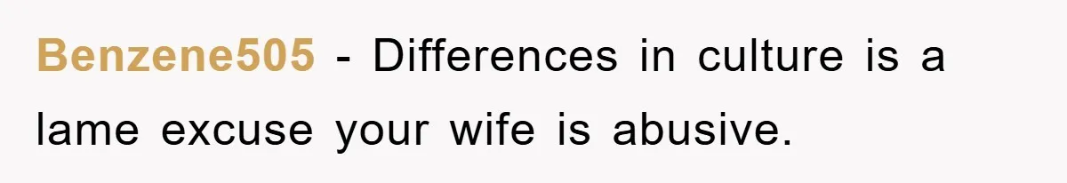 Benzene505 − Differences in culture is a lame excuse your wife is abusive.