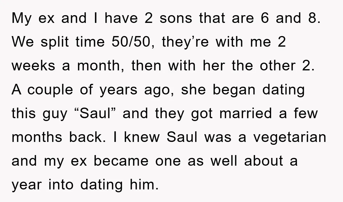My ex and I have 2 sons that are 6 and 8. We split time 50/50, they’re with me 2 weeks a month, then with her the other 2. A...