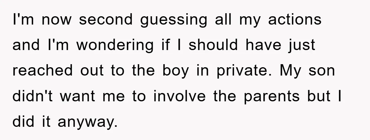 I'm now second guessing all my actions and I'm wondering if I should have just reached out to the boy in private. My son didn't want me to involve the...