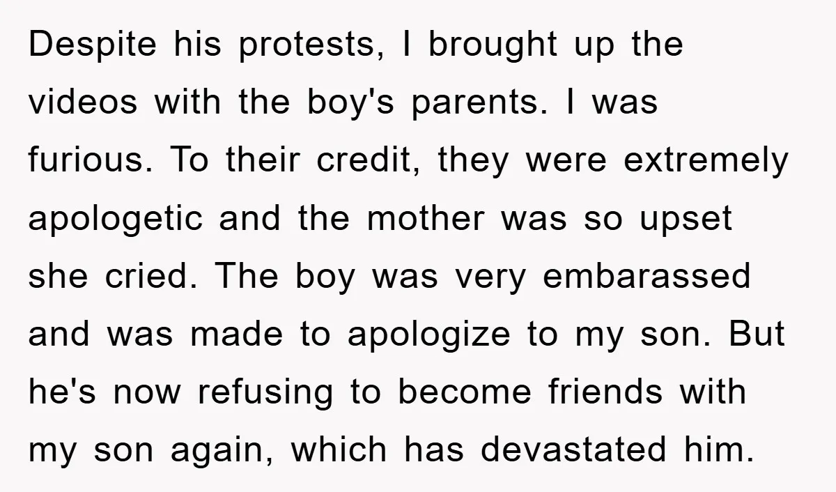 Despite his protests, I brought up the videos with the boy's parents. I was furious. To their credit, they were extremely apologetic and the mother was so upset she cried....