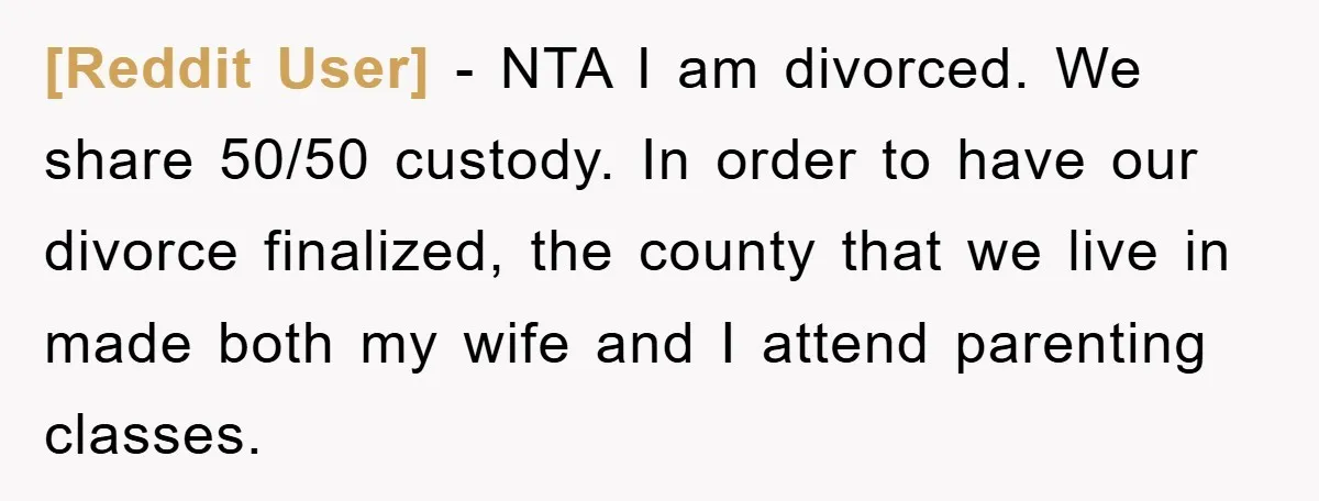 [Reddit User] − NTA I am divorced. We share 50/50 custody. In order to have our divorce finalized, the county that we live in made both my wife and I...