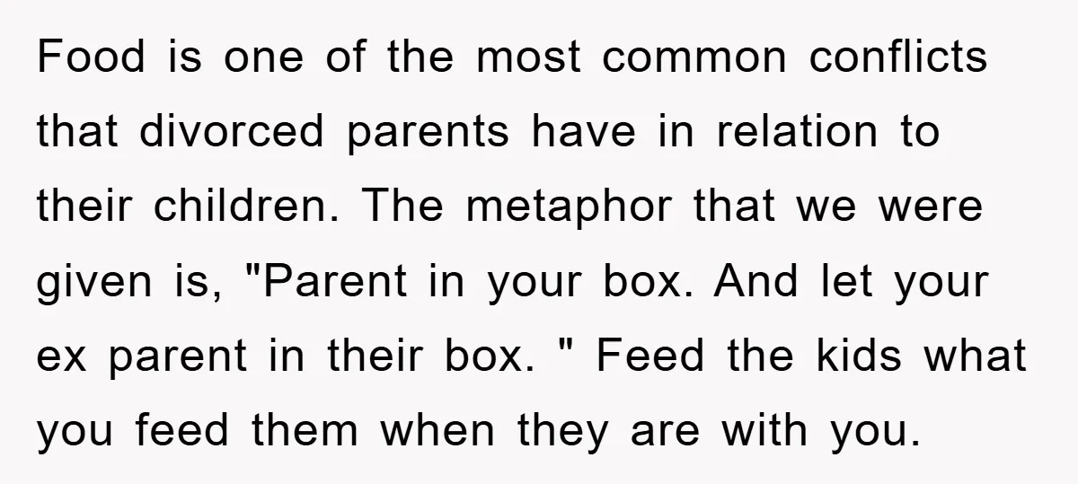 Food is one of the most common conflicts that divorced parents have in relation to their children. The metaphor that we were given is, "Parent in your box. And let...