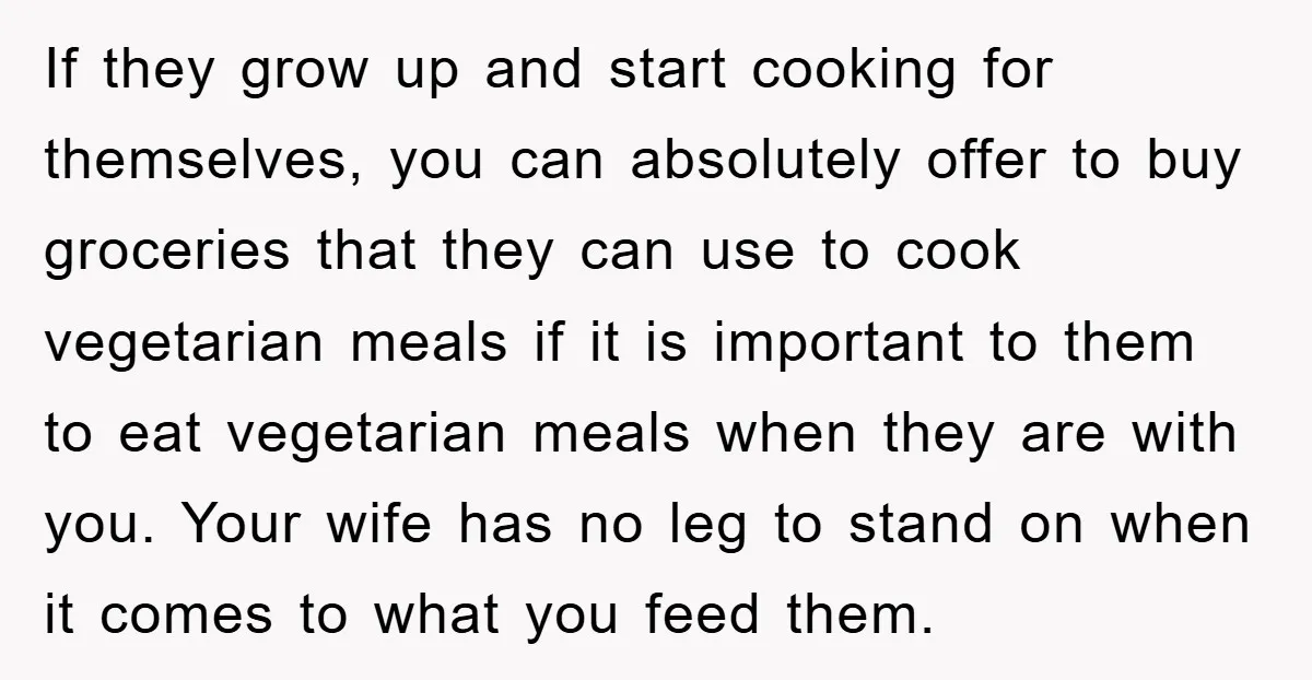 If they grow up and start cooking for themselves, you can absolutely offer to buy groceries that they can use to cook vegetarian meals if it is important to them...
