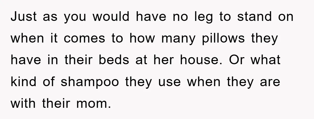 Just as you would have no leg to stand on when it comes to how many pillows they have in their beds at her house. Or what kind of shampoo...