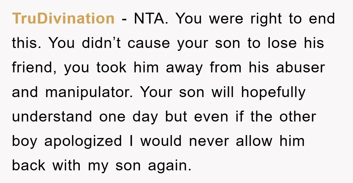 TruDivination − NTA. You were right to end this. You didn’t cause your son to lose his friend, you took him away from his abuser and manipulator. Your son will...