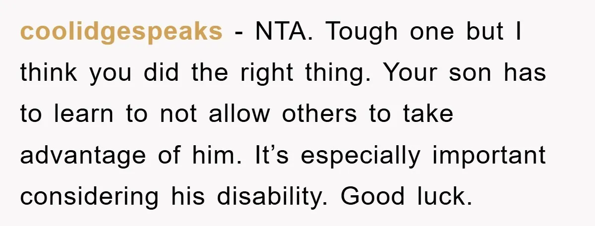 coolidgespeaks − NTA. Tough one but I think you did the right thing. Your son has to learn to not allow others to take advantage of him. It’s especially important...