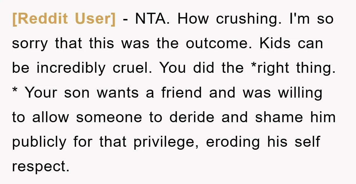 [Reddit User] − NTA. How crushing. I'm so sorry that this was the outcome. Kids can be incredibly cruel. You did the *right thing. * Your son wants a friend...