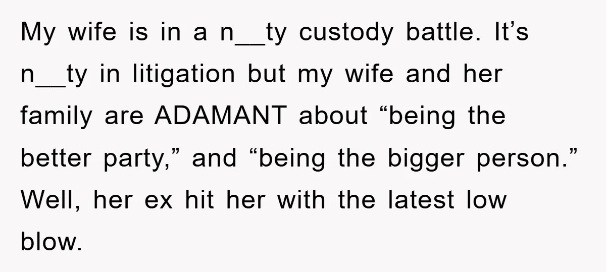 My wife is in a n__ty custody battle. It’s n__ty in litigation but my wife and her family are ADAMANT about “being the better party,” and “being the bigger person.”...