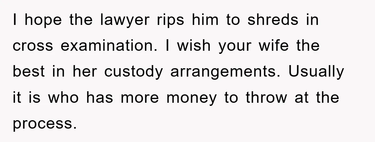 I hope the lawyer rips him to shreds in cross examination. I wish your wife the best in her custody arrangements. Usually it is who has more money to throw...