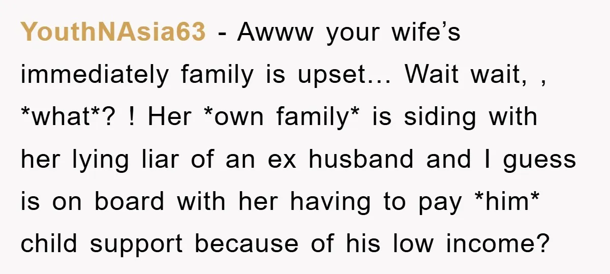 YouthNAsia63 − Awww your wife’s immediately family is upset… Wait wait, , *what*? ! Her *own family* is siding with her lying liar of an ex husband and I guess...