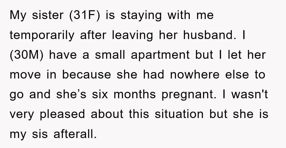 My sister (31F) is staying with me temporarily after leaving her husband. I (30M) have a small apartment but I let her move in because she had nowhere else to...
