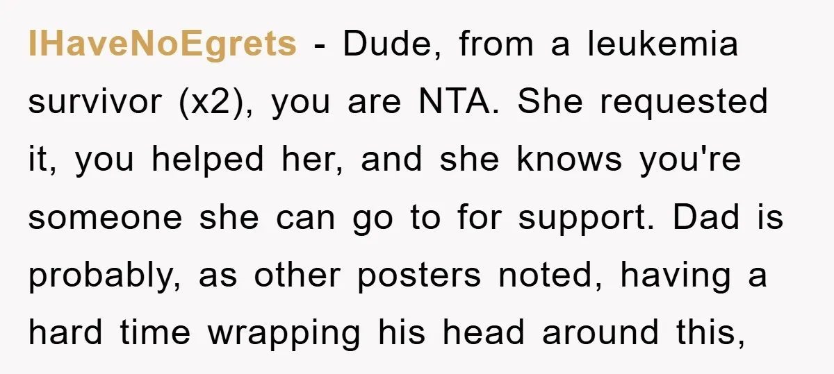 IHaveNoEgrets − Dude, from a leukemia survivor (x2), you are NTA. She requested it, you helped her, and she knows you're someone she can go to for support. Dad is...