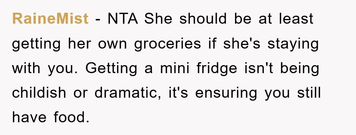 RaineMist − NTA She should be at least getting her own groceries if she's staying with you. Getting a mini fridge isn't being childish or dramatic, it's ensuring you still...