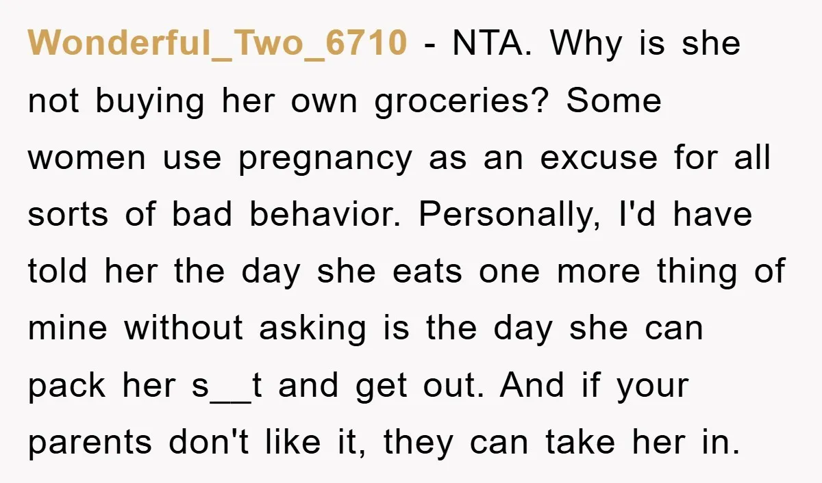 Wonderful_Two_6710 − NTA. Why is she not buying her own groceries? Some women use pregnancy as an excuse for all sorts of bad behavior. Personally, I'd have told her the...