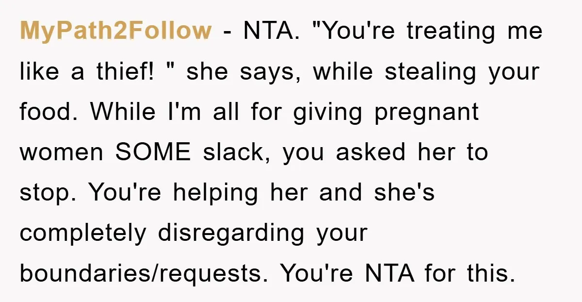 MyPath2Follow − NTA. "You're treating me like a thief! " she says, while stealing your food. While I'm all for giving pregnant women SOME slack, you asked her to stop....