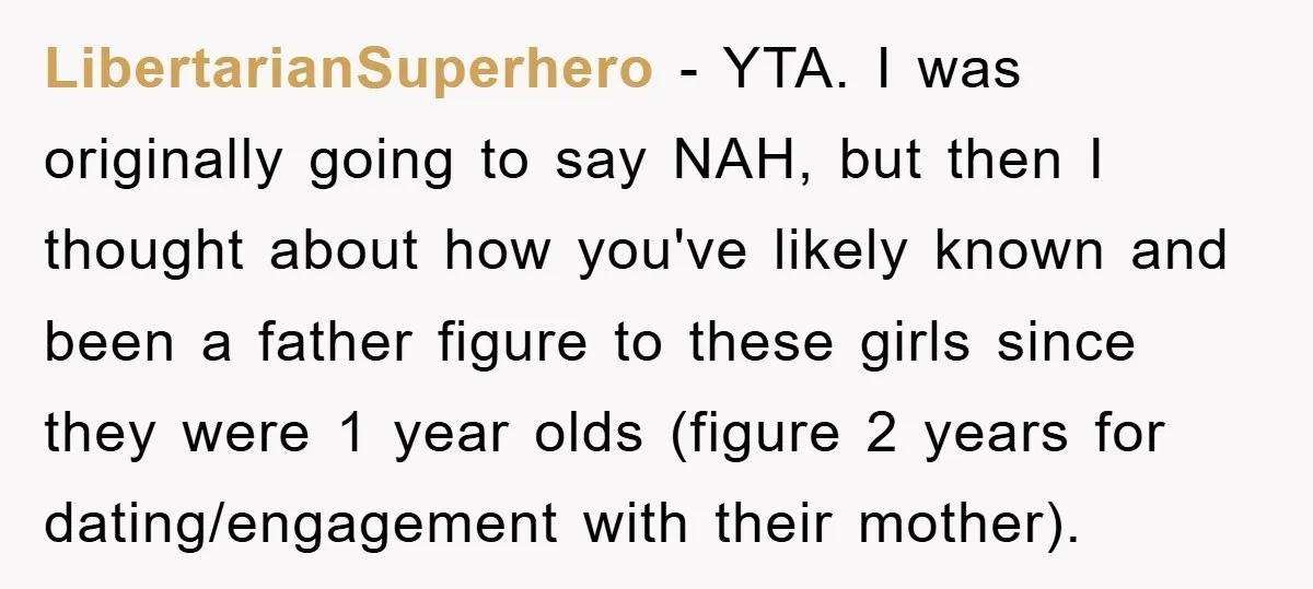 LibertarianSuperhero − YTA. I was originally going to say NAH, but then I thought about how you've likely known and been a father figure to these girls since they were...