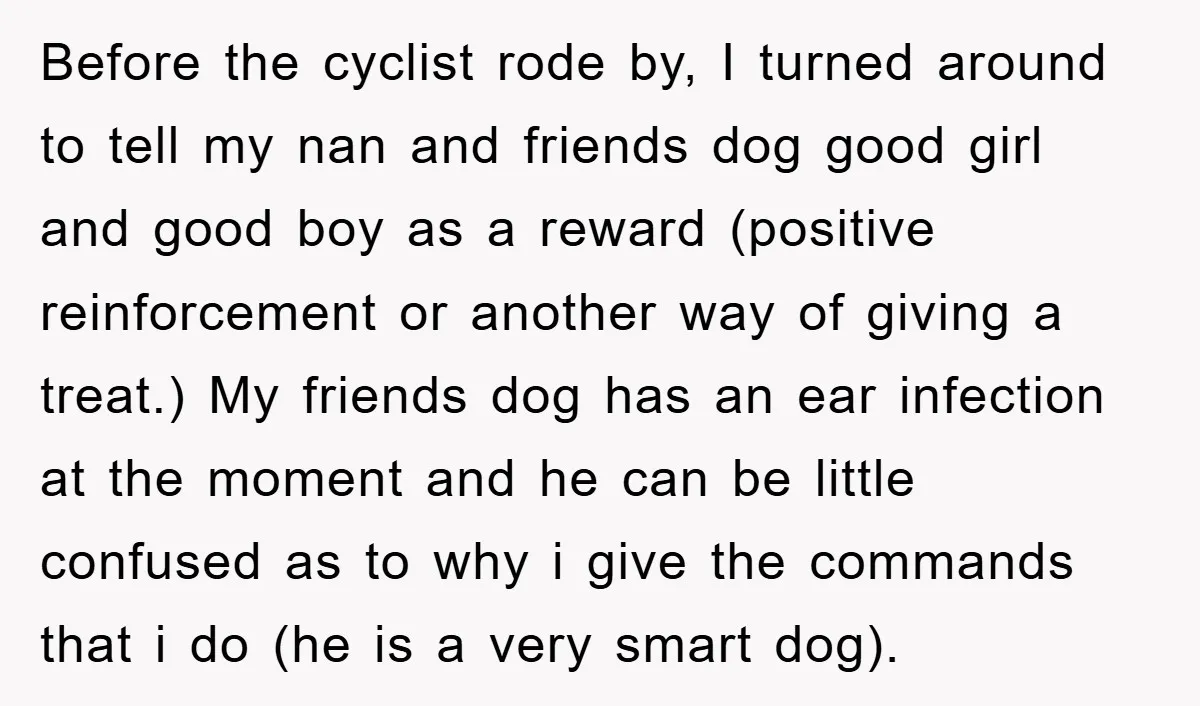 Before the cyclist rode by, I turned around to tell my nan and friends dog good girl and good boy as a reward (positive reinforcement or another way of giving...