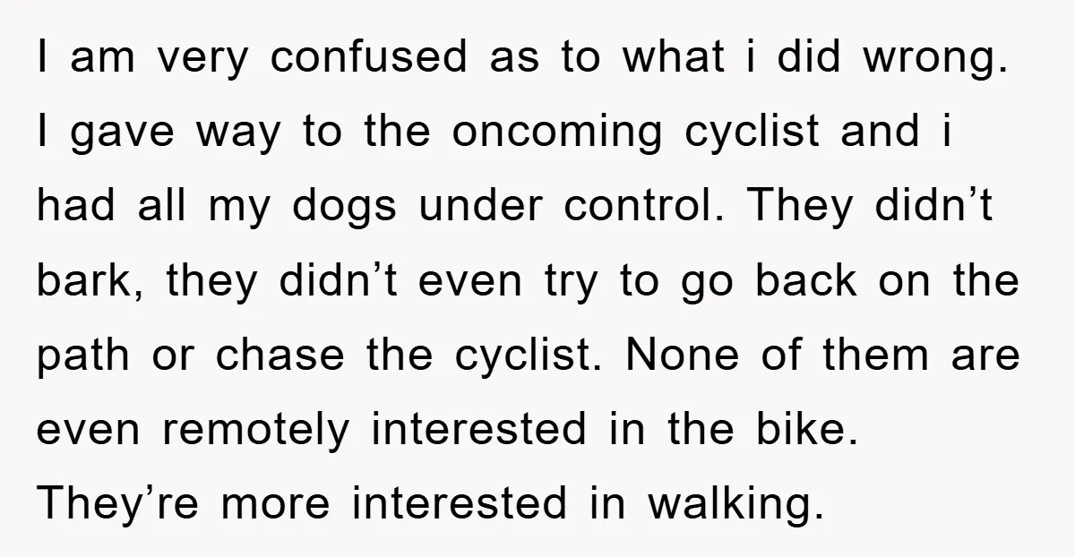 I am very confused as to what i did wrong. I gave way to the oncoming cyclist and i had all my dogs under control. They didn’t bark, they didn’t...