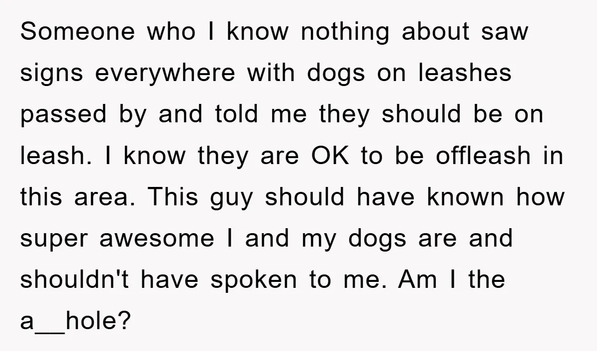 Someone who I know nothing about saw signs everywhere with dogs on leashes passed by and told me they should be on leash. I know they are OK to be...