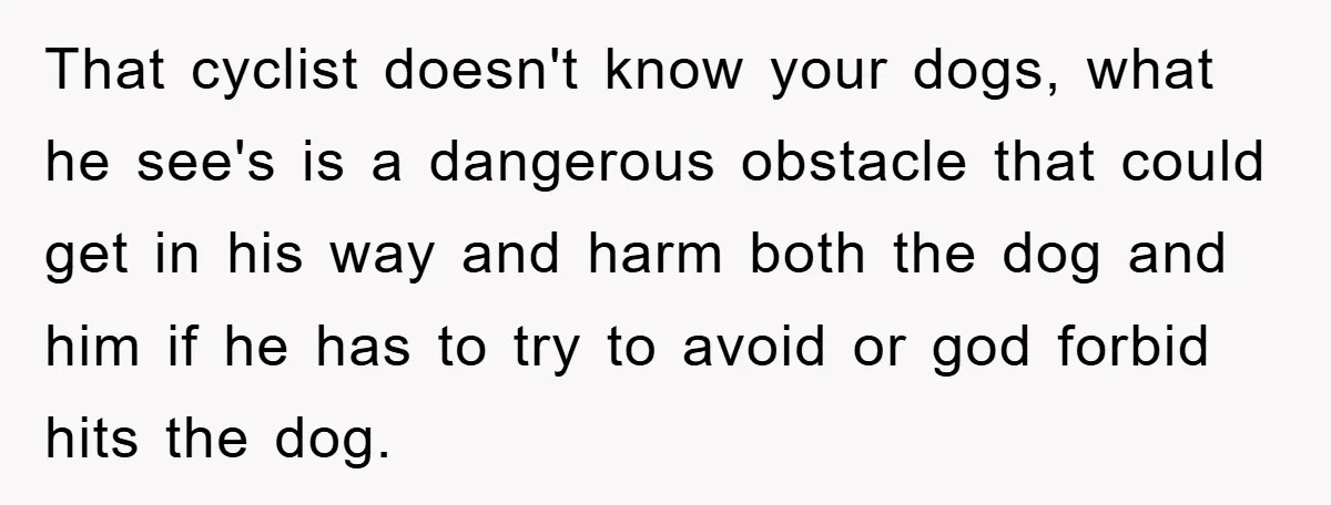 That cyclist doesn't know your dogs, what he see's is a dangerous obstacle that could get in his way and harm both the dog and him if he has to...