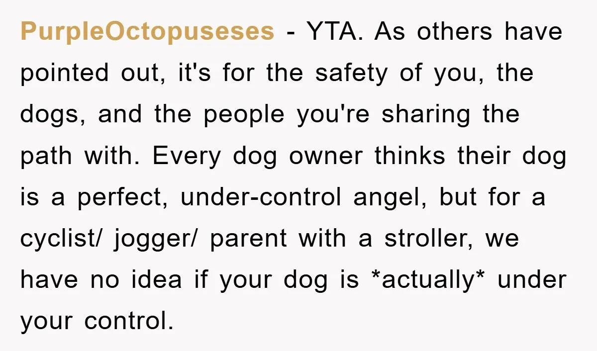 PurpleOctopuseses − YTA. As others have pointed out, it's for the safety of you, the dogs, and the people you're sharing the path with. Every dog owner thinks their dog...