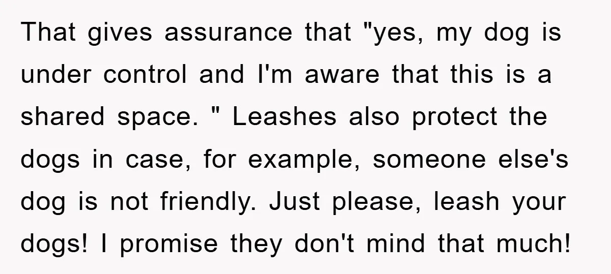 That gives assurance that "yes, my dog is under control and I'm aware that this is a shared space. " Leashes also protect the dogs in case, for example, someone...