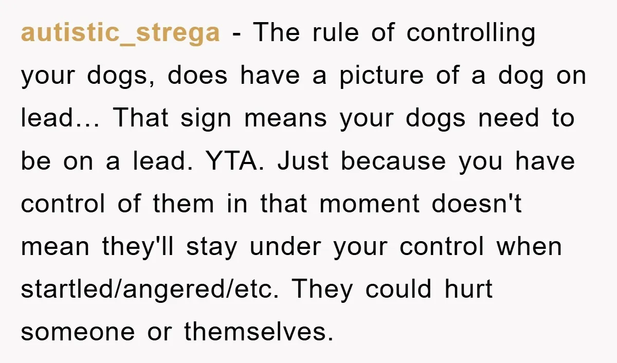 autistic_strega − The rule of controlling your dogs, does have a picture of a dog on lead… That sign means your dogs need to be on a lead. YTA. Just...