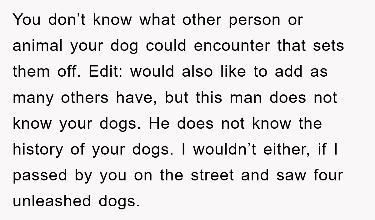 You don’t know what other person or animal your dog could encounter that sets them off. Edit: would also like to add as many others have, but this man does...