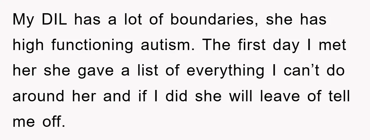 My DIL has a lot of boundaries, she has high functioning autism. The first day I met her she gave a list of everything I can’t do around her and...