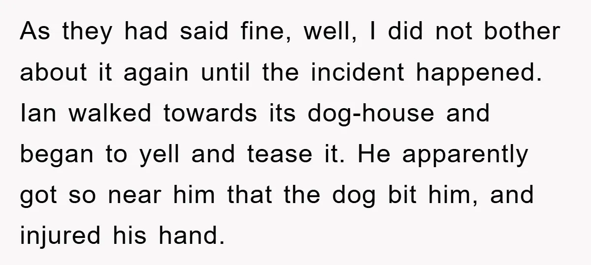 As they had said fine, well, I did not bother about it again until the incident happened. Ian walked towards its dog-house and began to yell and tease it. He...