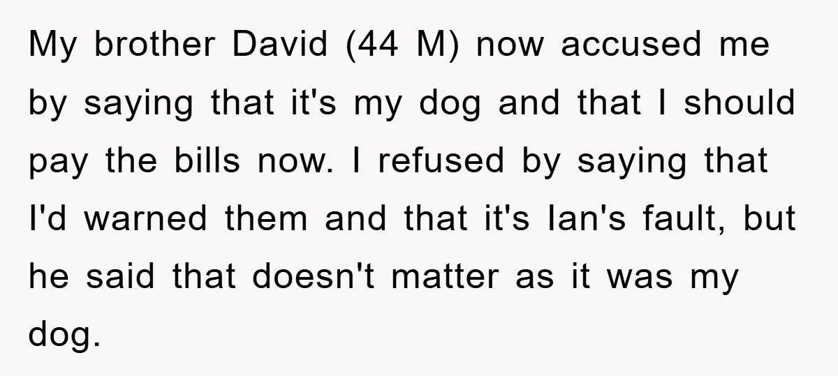 My brother David (44 M) now accused me by saying that it's my dog and that I should pay the bills now. I refused by saying that I'd warned them...