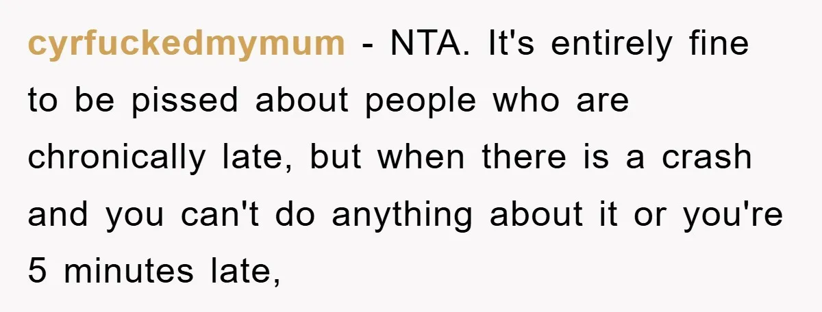 cyrfuckedmymum − NTA. It's entirely fine to be pissed about people who are chronically late, but when there is a crash and you can't do anything about it or you're...