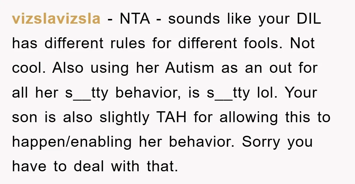 vizslavizsla − NTA - sounds like your DIL has different rules for different fools. Not cool. Also using her Autism as an out for all her s__tty behavior, is s__tty...