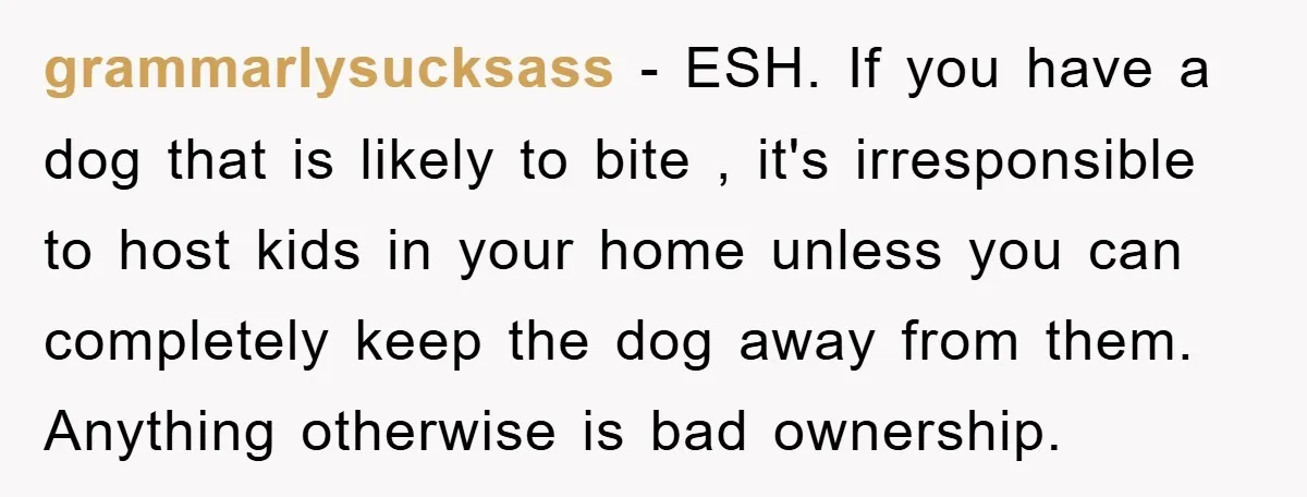 grammarlysucksass − ESH. If you have a dog that is likely to bite , it's irresponsible to host kids in your home unless you can completely keep the dog away...