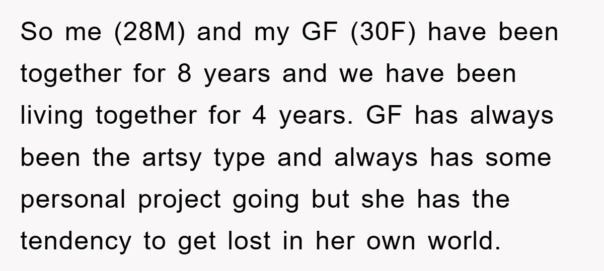 So me (28M) and my GF (30F) have been together for 8 years and we have been living together for 4 years. GF has always been the artsy type and...