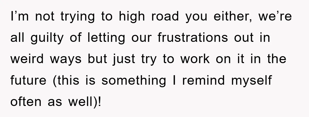 I’m not trying to high road you either, we’re all guilty of letting our frustrations out in weird ways but just try to work on it in the future (this...