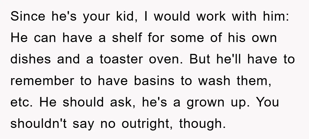 Since he's your kid, I would work with him: He can have a shelf for some of his own dishes and a toaster oven. But he'll have to remember to...