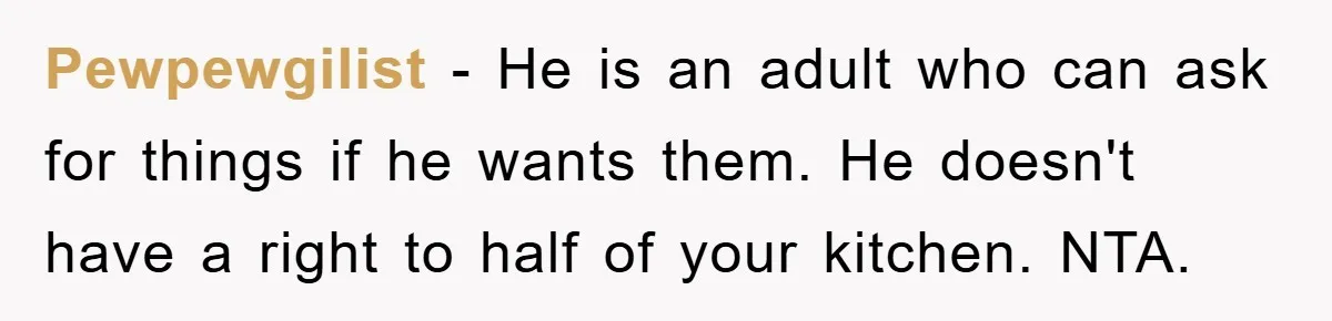Pewpewgilist − He is an adult who can ask for things if he wants them. He doesn't have a right to half of your kitchen. NTA.