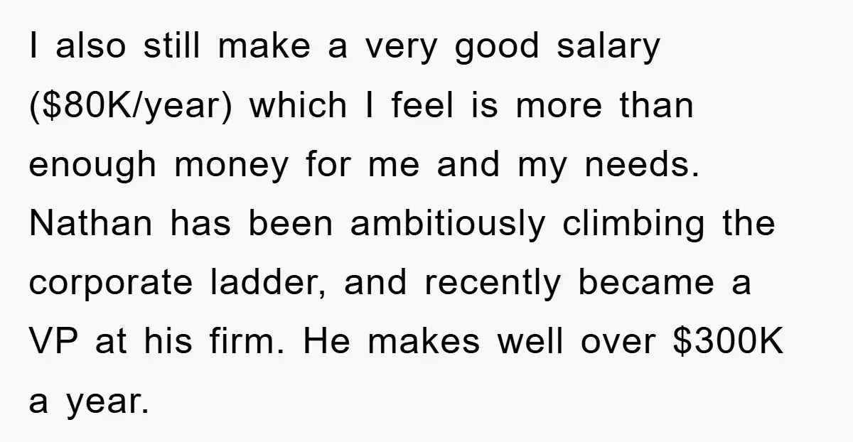 I also still make a very good salary ($80K/year) which I feel is more than enough money for me and my needs. Nathan has been ambitiously climbing the corporate ladder,...