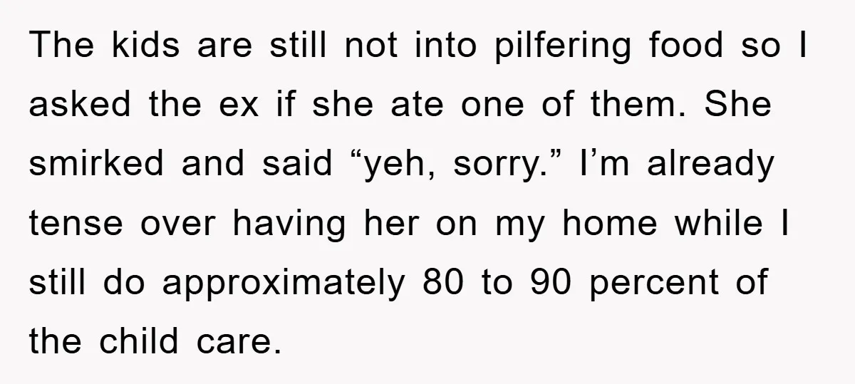 The kids are still not into pilfering food so I asked the ex if she ate one of them. She smirked and said “yeh, sorry.” I’m already tense over having...