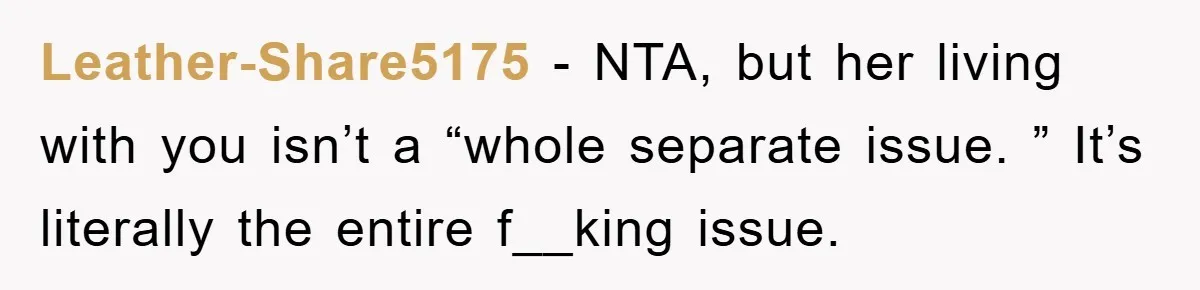 Leather-Share5175 − NTA, but her living with you isn’t a “whole separate issue. ” It’s literally the entire f__king issue.