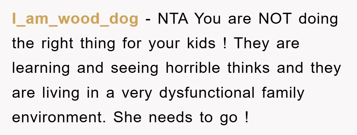 I_am_wood_dog − NTA You are NOT doing the right thing for your kids ! They are learning and seeing horrible thinks and they are living in a very dysfunctional family...