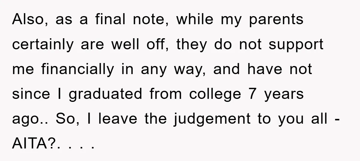 Also, as a final note, while my parents certainly are well off, they do not support me financially in any way, and have not since I graduated from college 7...