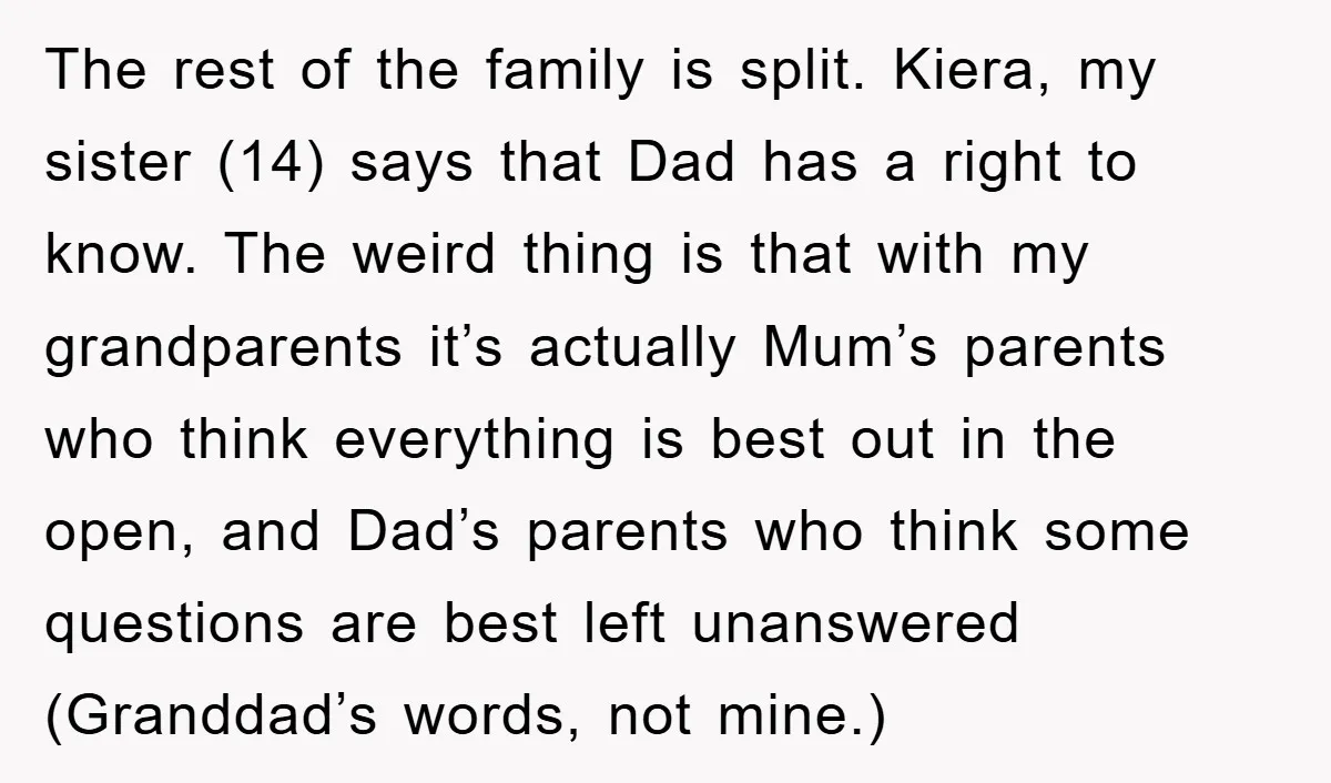 The rest of the family is split. Kiera, my sister (14) says that Dad has a right to know. The weird thing is that with my grandparents it’s actually Mum’s...