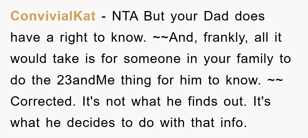 ConvivialKat − NTA But your Dad does have a right to know. ~~And, frankly, all it would take is for someone in your family to do the 23andMe thing for...
