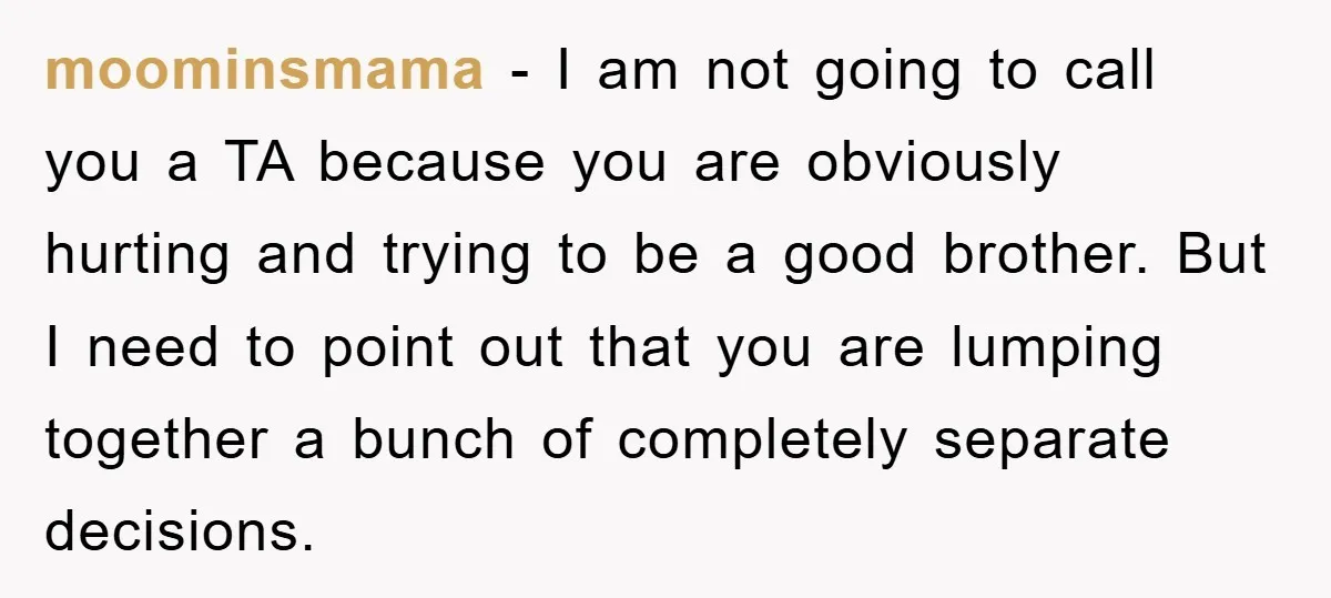 moominsmama − I am not going to call you a TA because you are obviously hurting and trying to be a good brother. But I need to point out that...