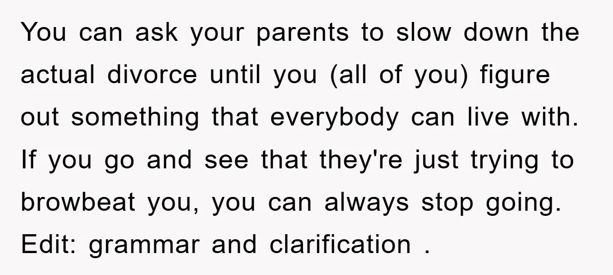 You can ask your parents to slow down the actual divorce until you (all of you) figure out something that everybody can live with. If you go and see that...