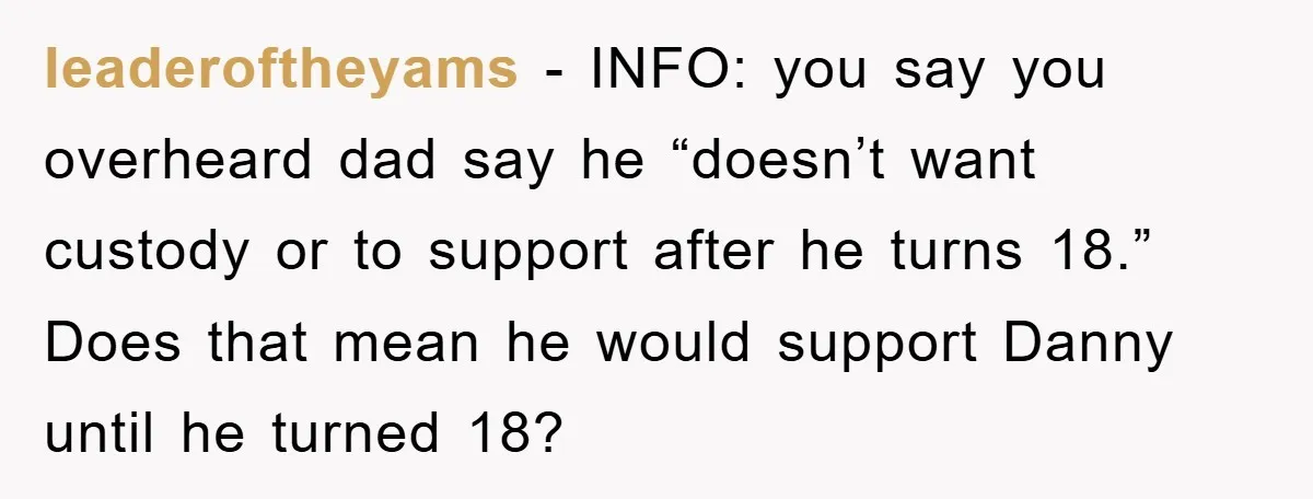 leaderoftheyams − INFO: you say you overheard dad say he “doesn’t want custody or to support after he turns 18.” Does that mean he would support Danny until he turned...