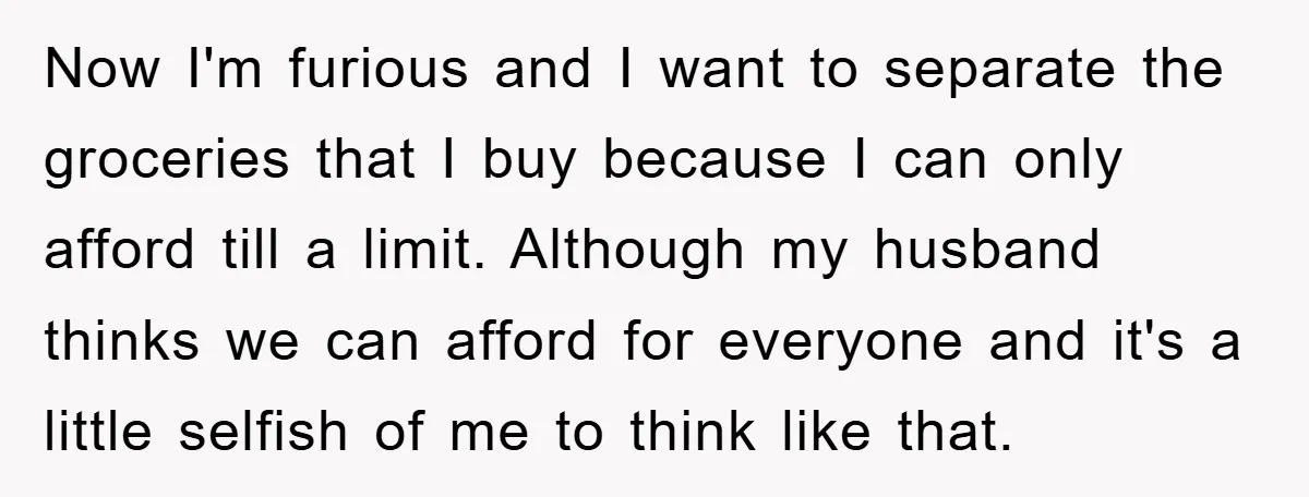 Now I'm furious and I want to separate the groceries that I buy because I can only afford till a limit. Although my husband thinks we can afford for everyone...